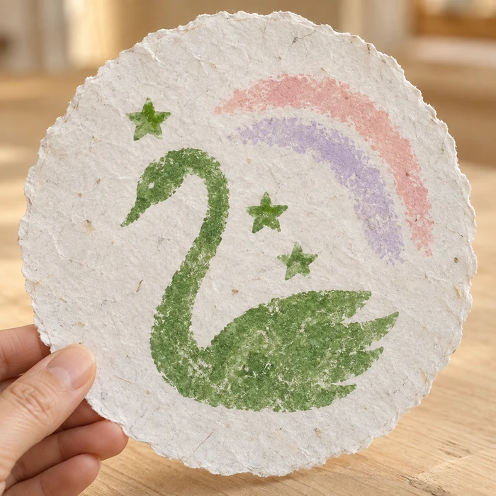 白鳥と虹をステンシルした手づくりの丸い凸凹紙のイメージ