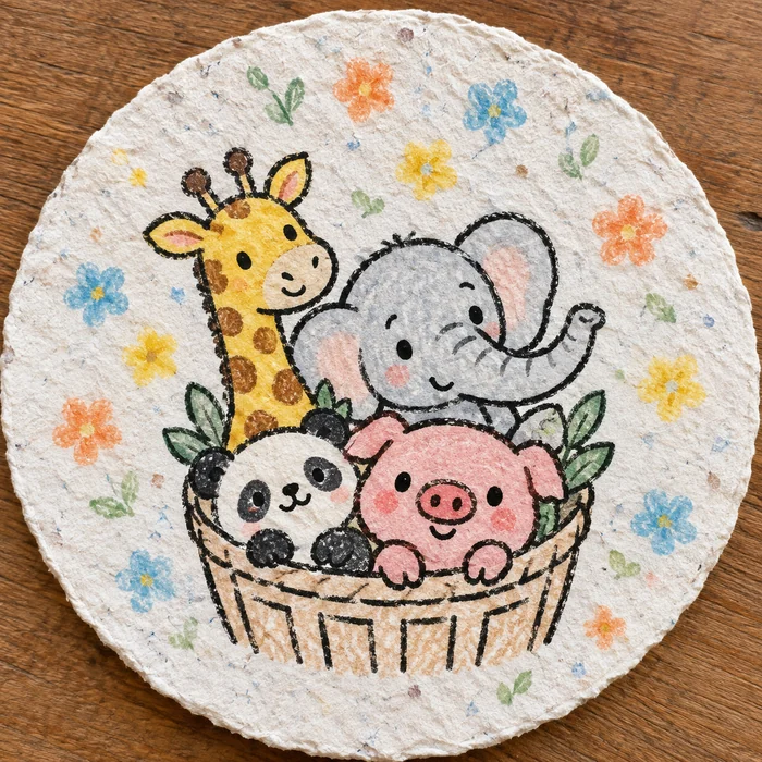 かわいい動物とカラフルな花を描いた丸い紙の作品イメージ