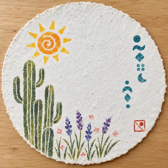 太陽とサボテン、紫の花をステンシルした丸い紙の作品イメージ