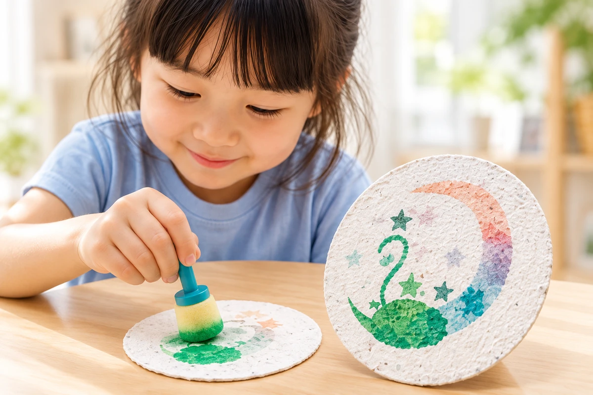 丸い凸凹紙に緑の色をのせる子どもと、白鳥のステンシル作品のイメージ